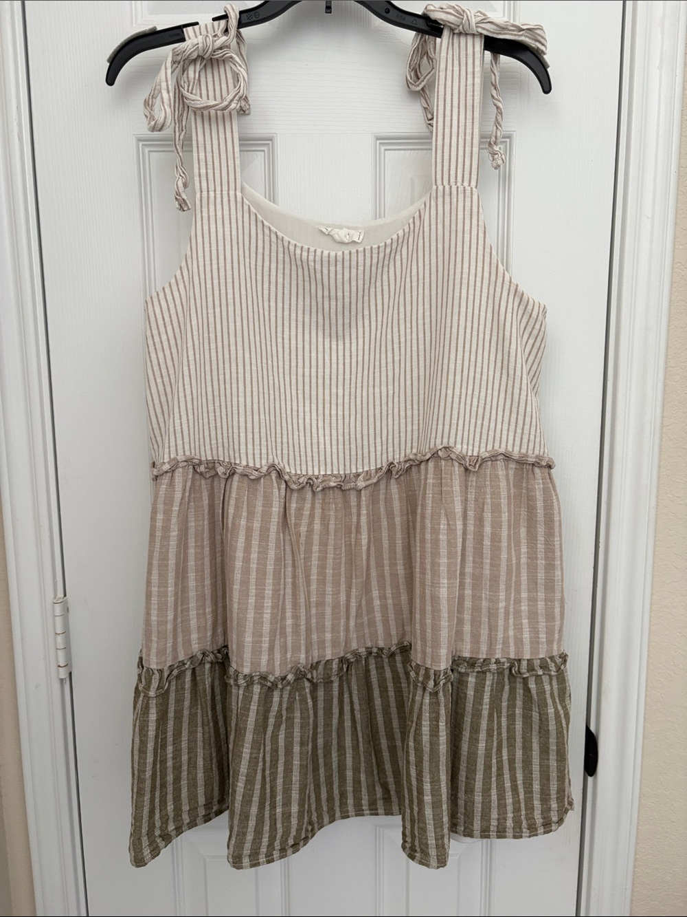 mine Striped Tiered Tie-Shoulder Mini Dress in Cream, Tan & Olive